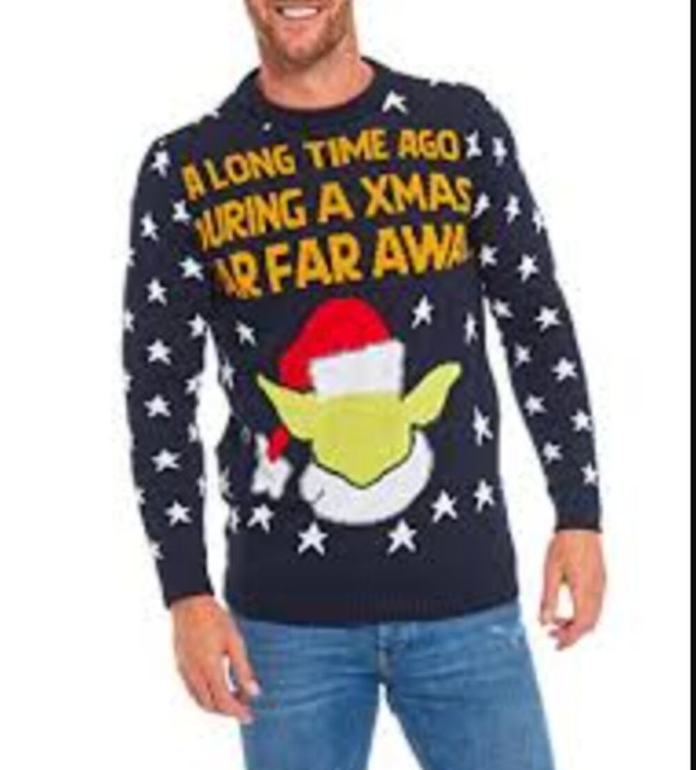 Merry Christmas Men's Holiday Sweater Blue Star Print Baby Yoda Pullover Size M